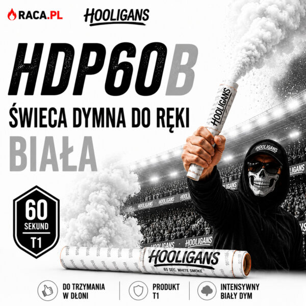 Świeca dymna do ręki biała HDP60B Hooligans Klasek T1 – intensywny biały dym 60 sekund