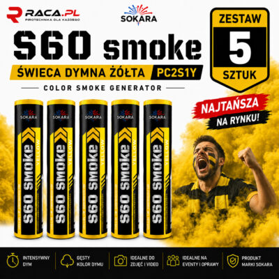 Żółte świece dymne S60 Smoke Yellow zestaw 5 sztuk z żółtym dymem i kibicem w tle – Sokara Raca.pl