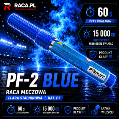 Raca meczowa PF-2 BLUE Pyrolife – niebieska flara stadionowa P1 z intensywnym niebieskim światłem i efektem premium.