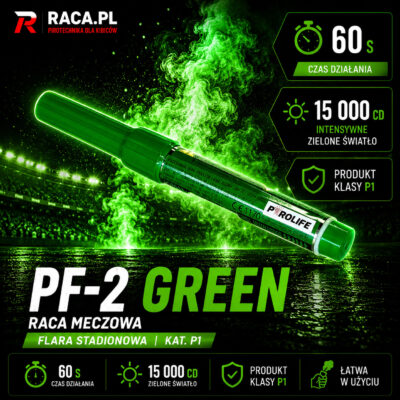 Nazwa zdjęcia: Raca meczowa PF-2 GREEN Pyrolife – zielona flara stadionowa P1 z intensywnym zielonym światłem i efektem premium.