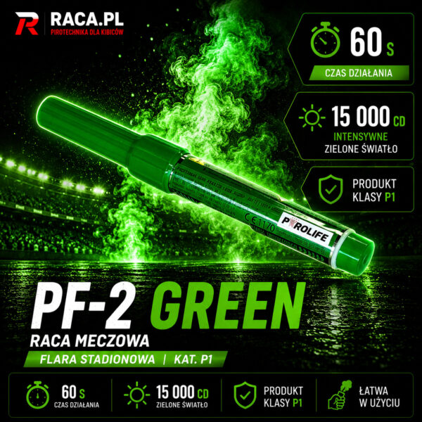 Nazwa zdjęcia: Raca meczowa PF-2 GREEN Pyrolife – zielona flara stadionowa P1 z intensywnym zielonym światłem i efektem premium.