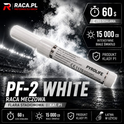 Raca meczowa PF-2 WHITE Pyrolife – biała flara stadionowa P1 z intensywnym białym światłem i efektem premium.