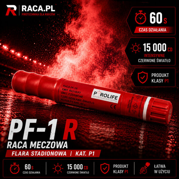 Raca meczowa PF-1 R Pyrolife – czerwona flara stadionowa P1 z intensywnym czerwonym światłem i efektem premium.