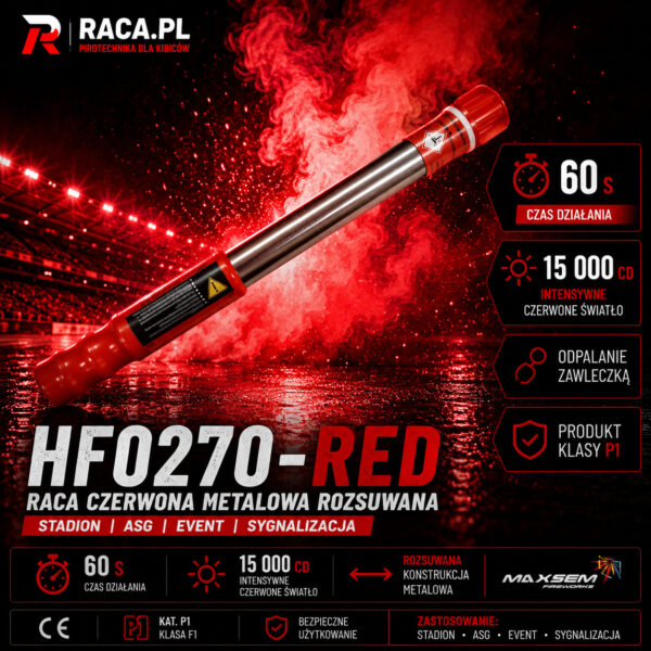 Raca czerwona metalowa rozsuwana HF0270-RED Maxsem – flara stadionowa P1 z intensywnym czerwonym światłem i metalową konstrukcją premium.