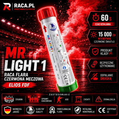 Raca flara czerwona meczowa MR Light 1 Elios FDF – profesjonalna flara stadionowa P1 odpalana na draskę z intensywnym czerwonym światłem.