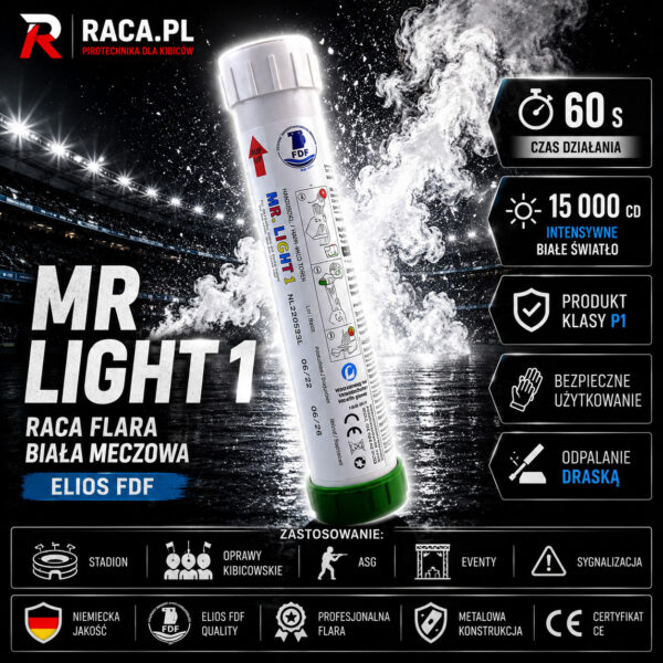 Raca flara biała meczowa MR Light 1 Elios FDF – profesjonalna flara stadionowa P1 odpalana na draskę z intensywnym białym światłem.