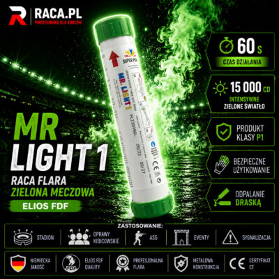 Raca flara zielona meczowa MR Light 1 Elios FDF – profesjonalna flara stadionowa P1 odpalana na draskę z intensywnym zielonym światłem.