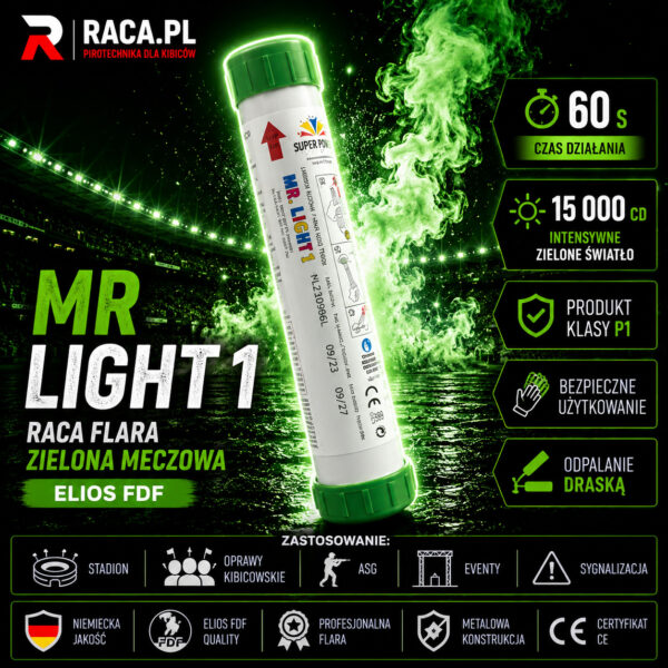 Raca flara zielona meczowa MR Light 1 Elios FDF – profesjonalna flara stadionowa P1 odpalana na draskę z intensywnym zielonym światłem.