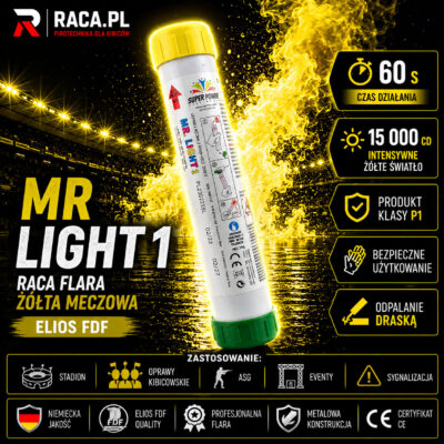 Raca flara żółta meczowa MR Light 1 Elios FDF – profesjonalna flara stadionowa P1 odpalana na draskę z intensywnym żółtym światłem.