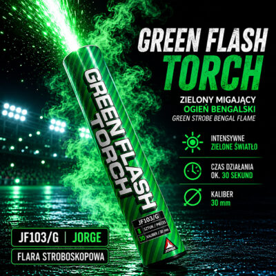 Flara stroboskopowa zielona Green Strobe JF103/G Jorge – zielony migający ogień bengalski z intensywnym światłem stadionowym.