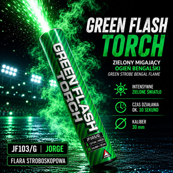 Flara stroboskopowa zielona Green Strobe JF103/G Jorge – zielony migający ogień bengalski z intensywnym światłem stadionowym.
