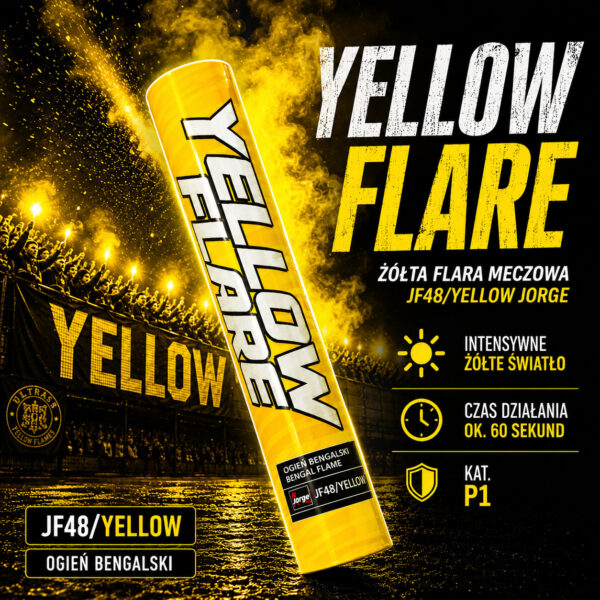 Flara żółta meczowa JF48 Yellow Jorge – intensywny żółty ogień bengalski stadionowy z mocnym światłem i klimatem ultras.