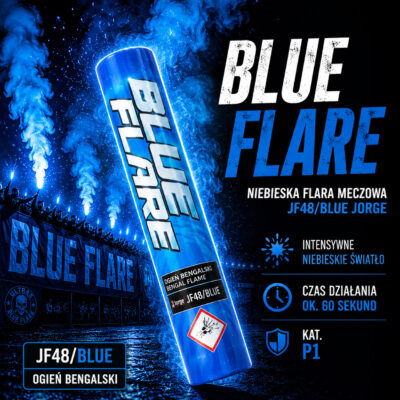 Flara niebieska meczowa JF48 Blue Jorge – intensywny niebieski ogień bengalski stadionowy z mocnym światłem i klimatem ultras.