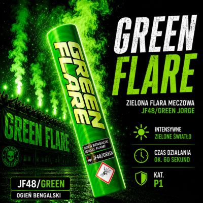 Flara zielona meczowa JF48 Green Jorge – intensywny zielony ogień bengalski stadionowy z mocnym światłem i klimatem ultras.