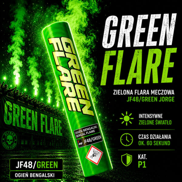 Flara zielona meczowa JF48 Green Jorge – intensywny zielony ogień bengalski stadionowy z mocnym światłem i klimatem ultras.