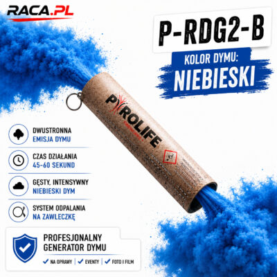 Świeca dymna dwustronna P-RDG2-B Pyrolife – niebieski gęsty dym, profesjonalny generator dymu RACA.PL