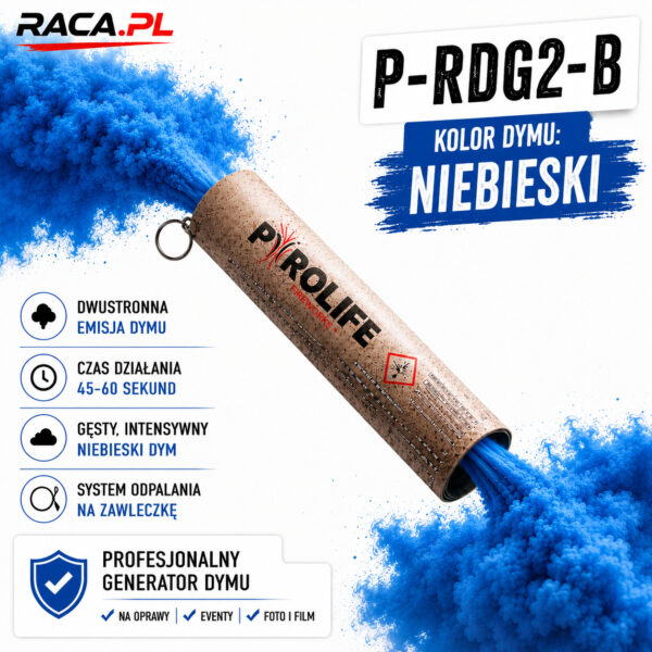 Świeca dymna dwustronna P-RDG2-B Pyrolife – niebieski gęsty dym, profesjonalny generator dymu RACA.PL
