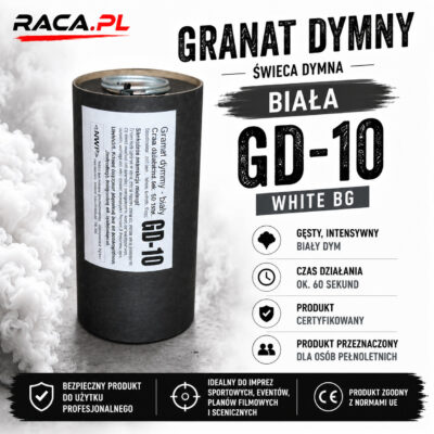 Granat dymny świeca dymna biała GD-10 White BG – gęsty biały dym, profesjonalny generator dymu RACA.PL