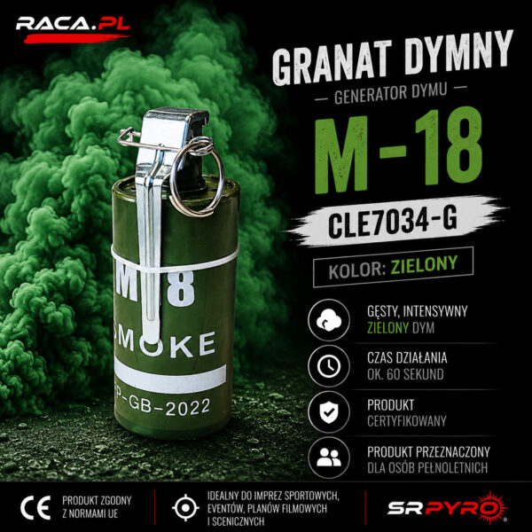 Granat dymny zielony M18 CLE7034-G SRPYRO – gęsty zielony dym i efekt stadionowy RACA.PL