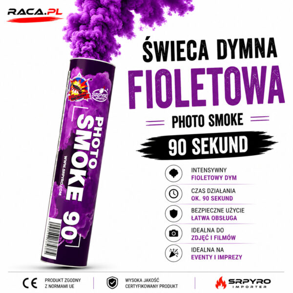 Świeca dymna fioletowa Photo Smoke CLE7038P SRPYRO – intensywny fioletowy dym do zdjęć, filmów i eventów RACA.PL