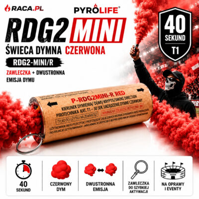 Świeca dymna dwustronna czerwona RDG2-MINI/R Pyrolife T1 z zawleczką – czerwony dym 40 sekund