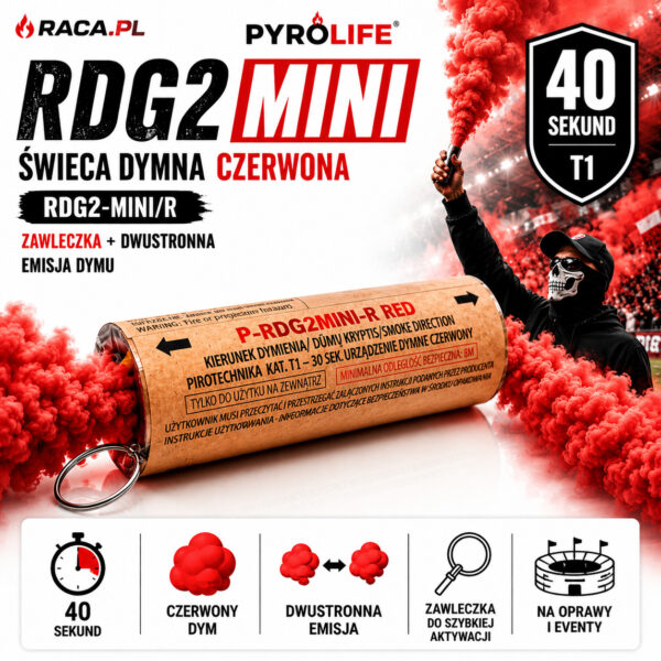 Świeca dymna dwustronna czerwona RDG2-MINI/R Pyrolife T1 z zawleczką – czerwony dym 40 sekund
