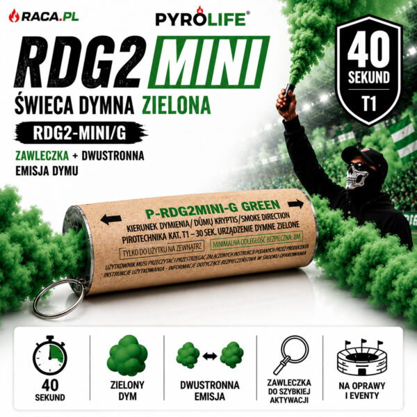 Świeca dymna dwustronna zielona RDG2-MINI/G Pyrolife T1 z zawleczką – zielony dym 40 sekund