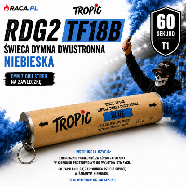 Świeca dymna dwustronna niebieska Blue RDG2 TF18B Tropic T1 na zawleczkę – niebieski dym 60 sekund