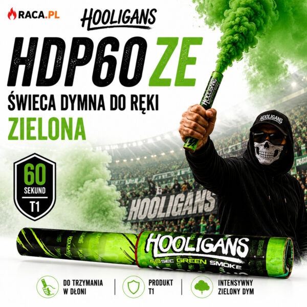 Świeca dymna do ręki zielona HDP60ZE Hooligans Klasek T1 – intensywny zielony dym 60 sekund
