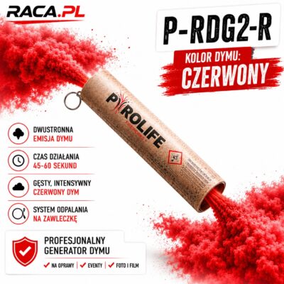 Świeca dymna dwustronna P-RDG2-R Pyrolife – czerwony gęsty dym, profesjonalny generator dymu RACA.PL