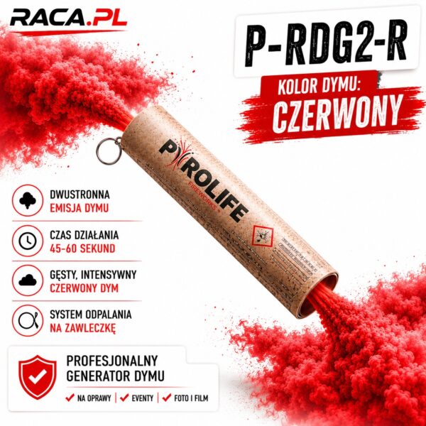 Świeca dymna dwustronna P-RDG2-R Pyrolife – czerwony gęsty dym, profesjonalny generator dymu RACA.PL