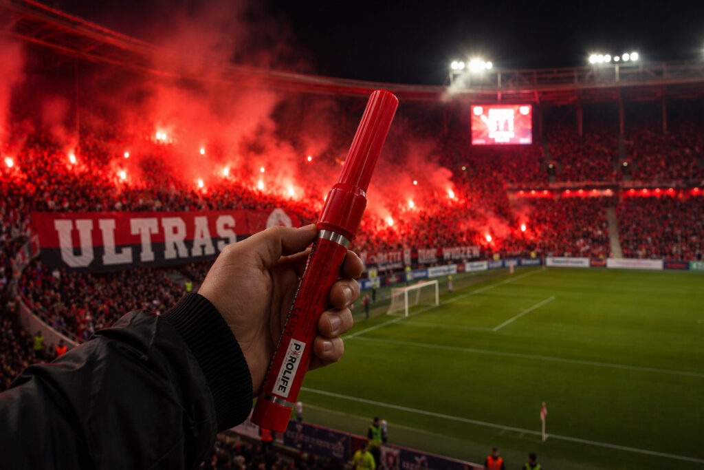 Czy race są legalne – czerwona raca stadionowa na tle trybun piłkarskich