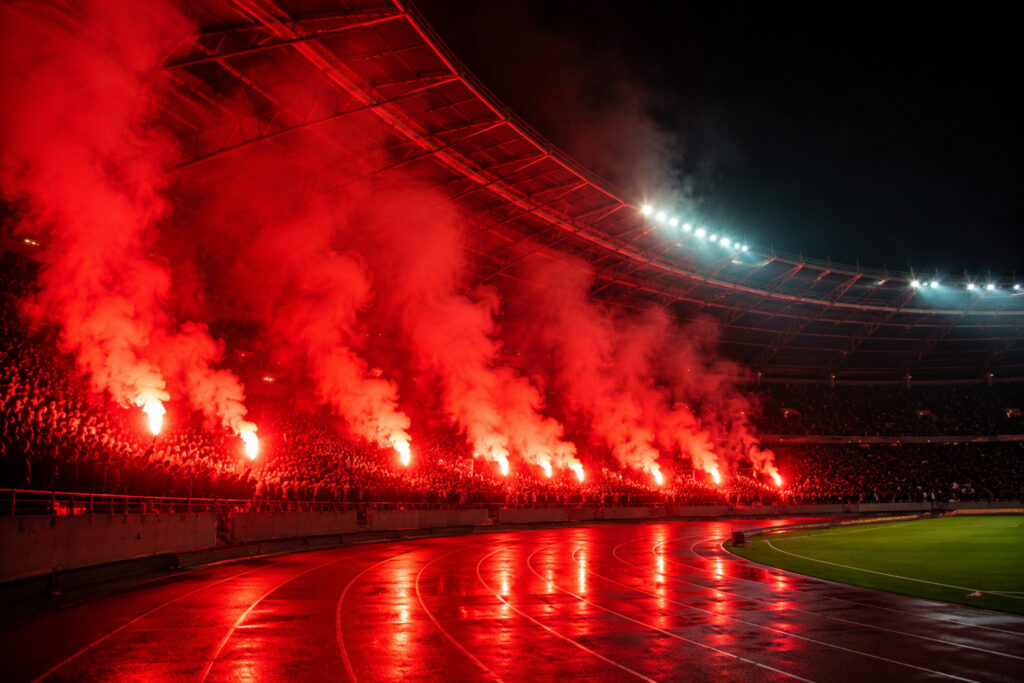 Czerwone flary stadionowe podczas efektownej nocnej oprawy na nowoczesnym stadionie
