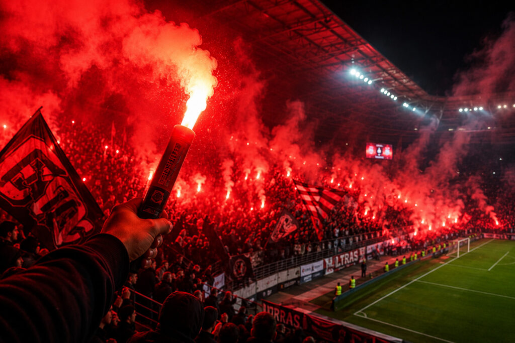 Czerwona flara stadionowa trzymana w dłoni podczas oprawy kibicowskiej na stadionie