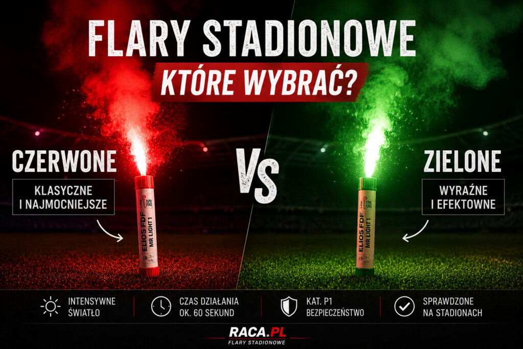 Porównanie czerwonej i zielonej flary stadionowej na murawie stadionu nocą