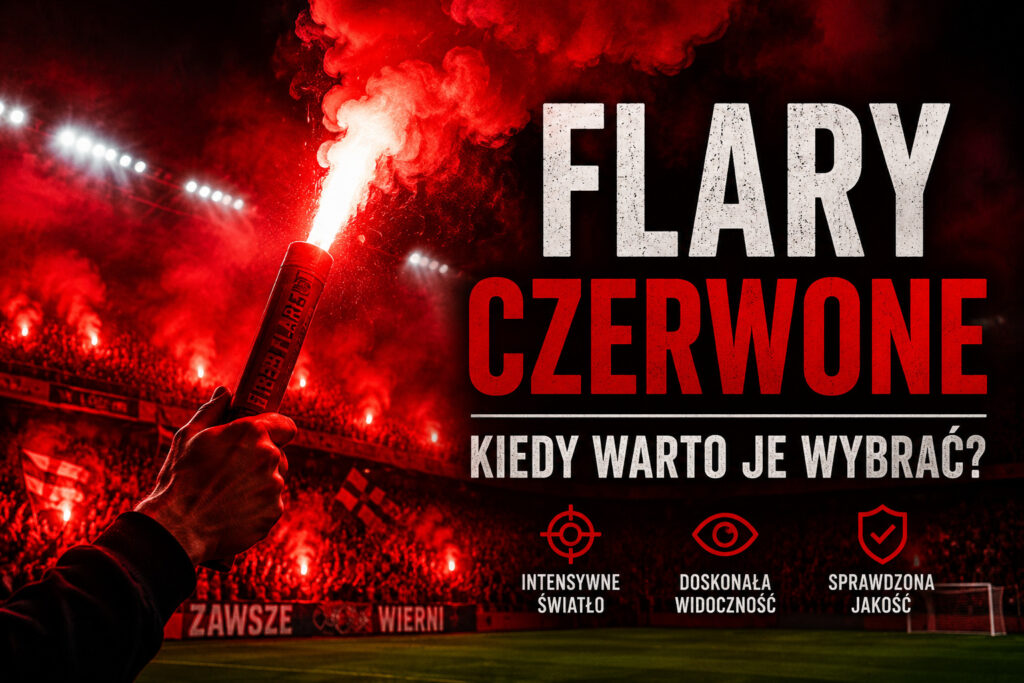 Czerwona flara stadionowa emitująca intensywne światło podczas oprawy kibicowskiej