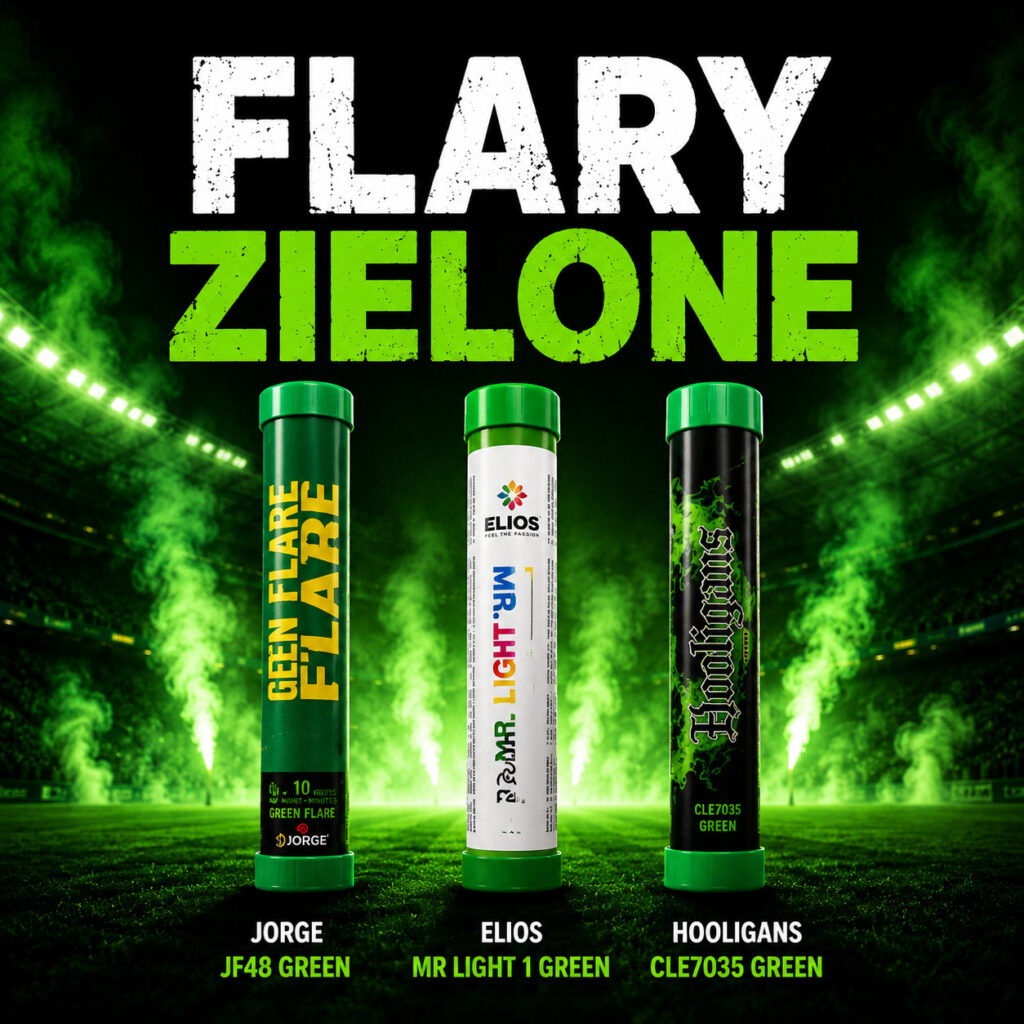 Flary zielone Jorge JF48 Green, Elios MR Light 1 Green i Hooligans CLE7035 Green na stadionie nocą