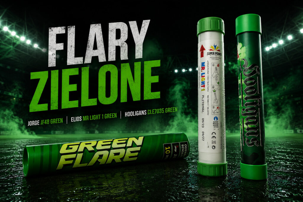 Porównanie zielonych flar stadionowych Jorge JF48 Green, Elios MR Light 1 Green i Hooligans CLE7035 Green