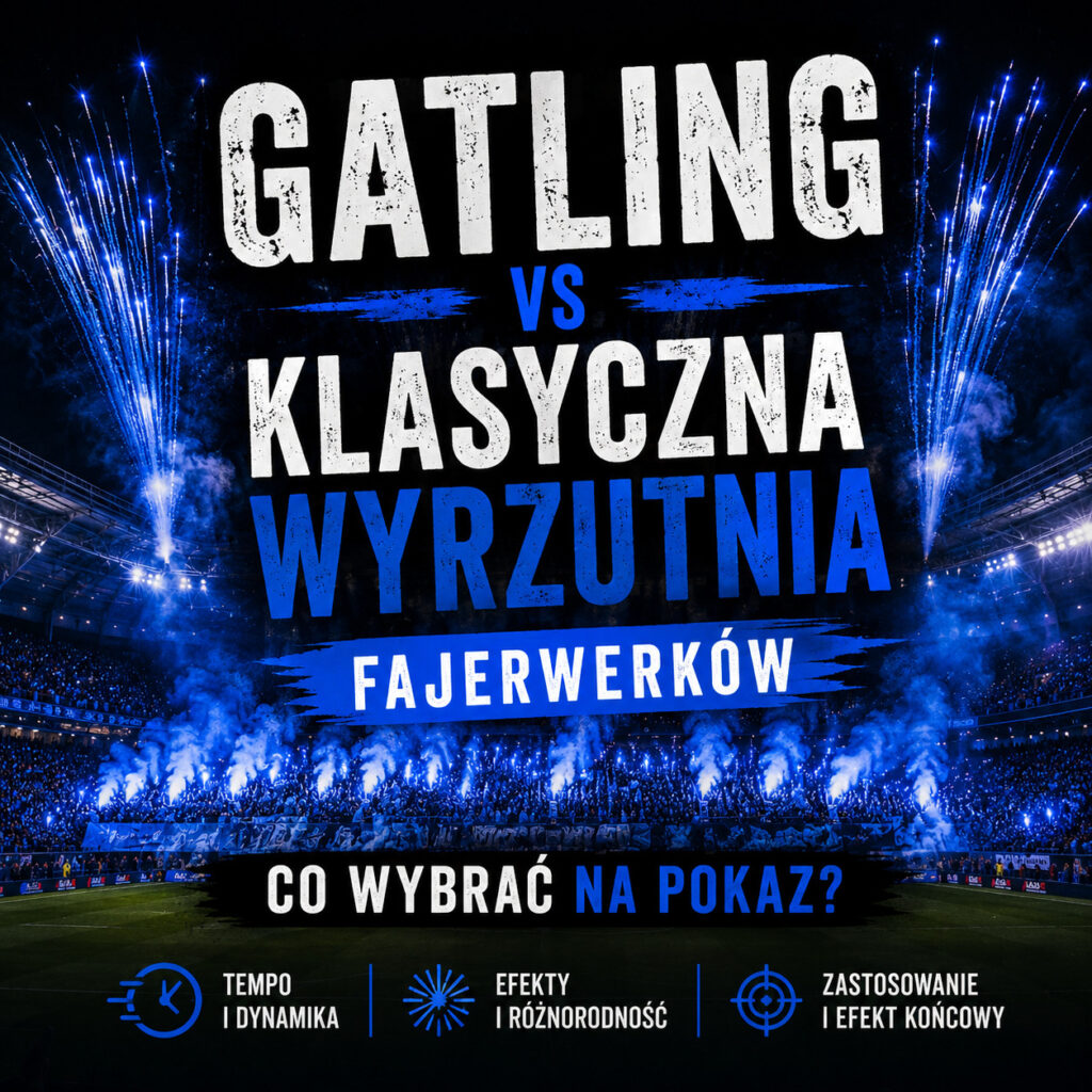 Gatling a klasyczna wyrzutnia fajerwerków – porównanie efektów podczas nocnego pokazu pirotechnicznego