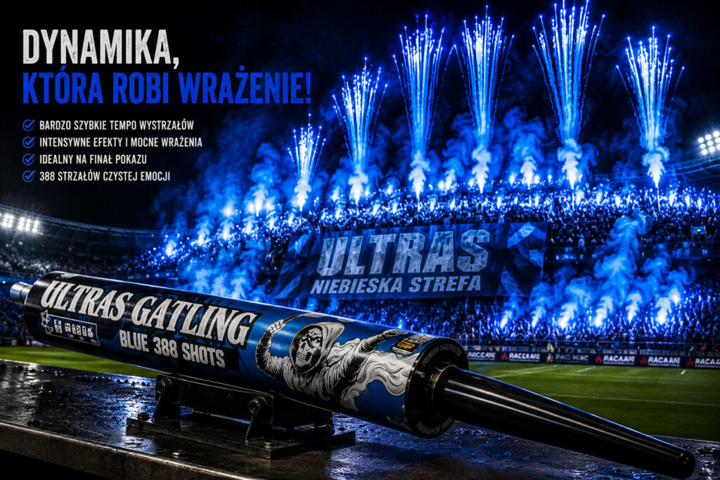 Niebieskie efekty pirotechniczne podczas oprawy stadionowej z gatlingiem Ultras Gatling Blue 388 Shots