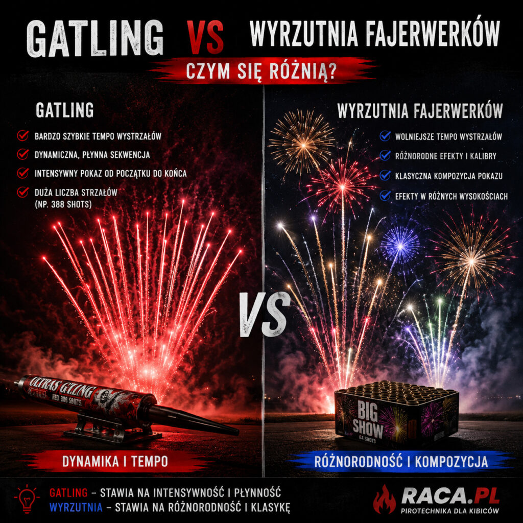 Porównanie efektów gatlinga i klasycznej wyrzutni fajerwerków podczas nocnego pokazu pirotechnicznego