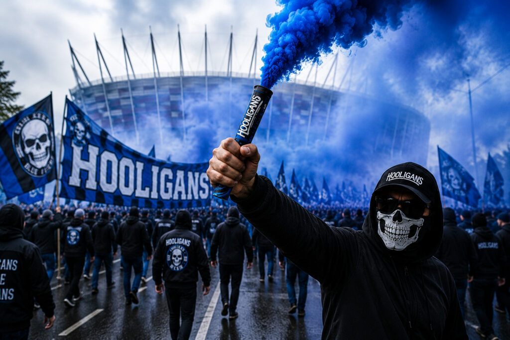 Kibic trzymający świecę dymną do ręki Hooligans HDP60 z intensywnym niebieskim dymem podczas przemarszu pod stadionem