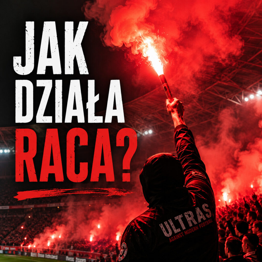 Kibic trzymający czerwoną racę podczas oprawy stadionowej na meczu piłkarskim