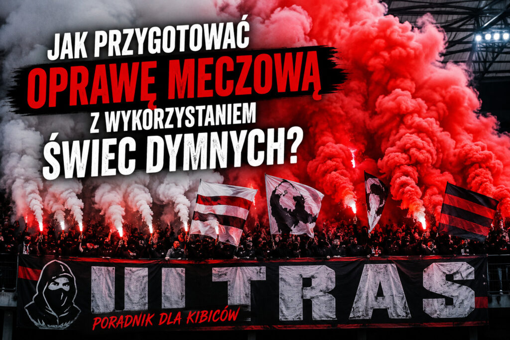 Oprawa meczowa z wykorzystaniem czerwonych i białych świec dymnych na stadionie