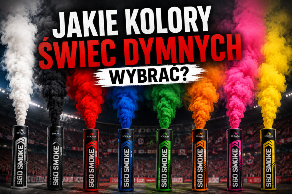 Kolory świec dymnych Sokara S60 Smoke – biała, czarna, czerwona, niebieska, zielona, pomarańczowa, różowa i żółta