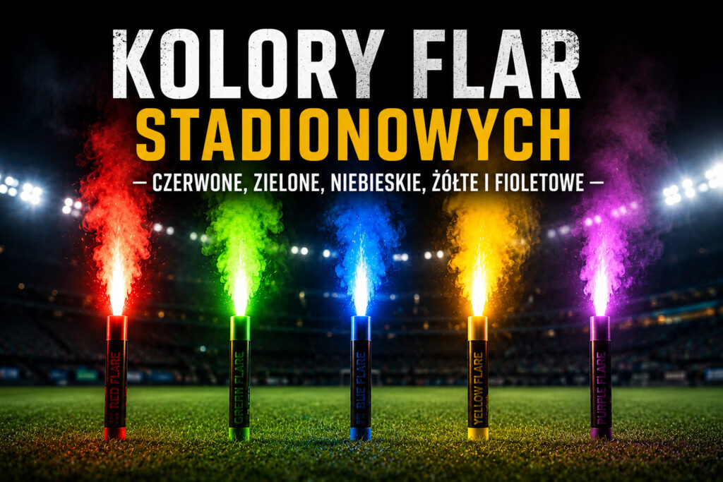 Kolory flar stadionowych – porównanie czerwonej zielonej niebieskiej żółtej i fioletowej flary na stadionie