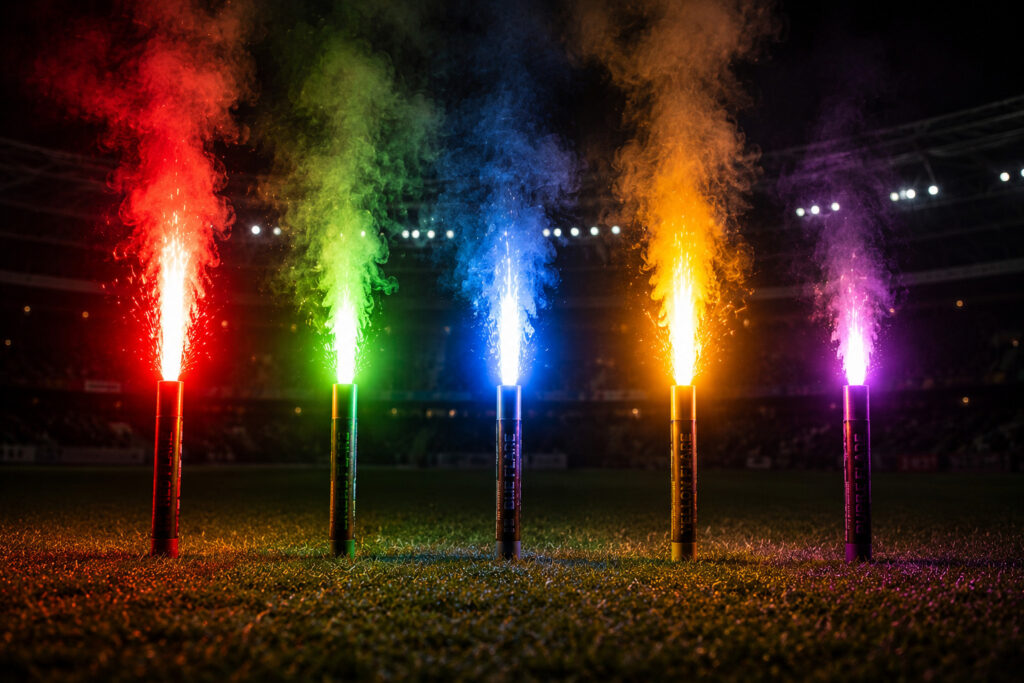 Porównanie kolorów flar stadionowych czerwonej zielonej niebieskiej żółtej i fioletowej na stadionie nocą