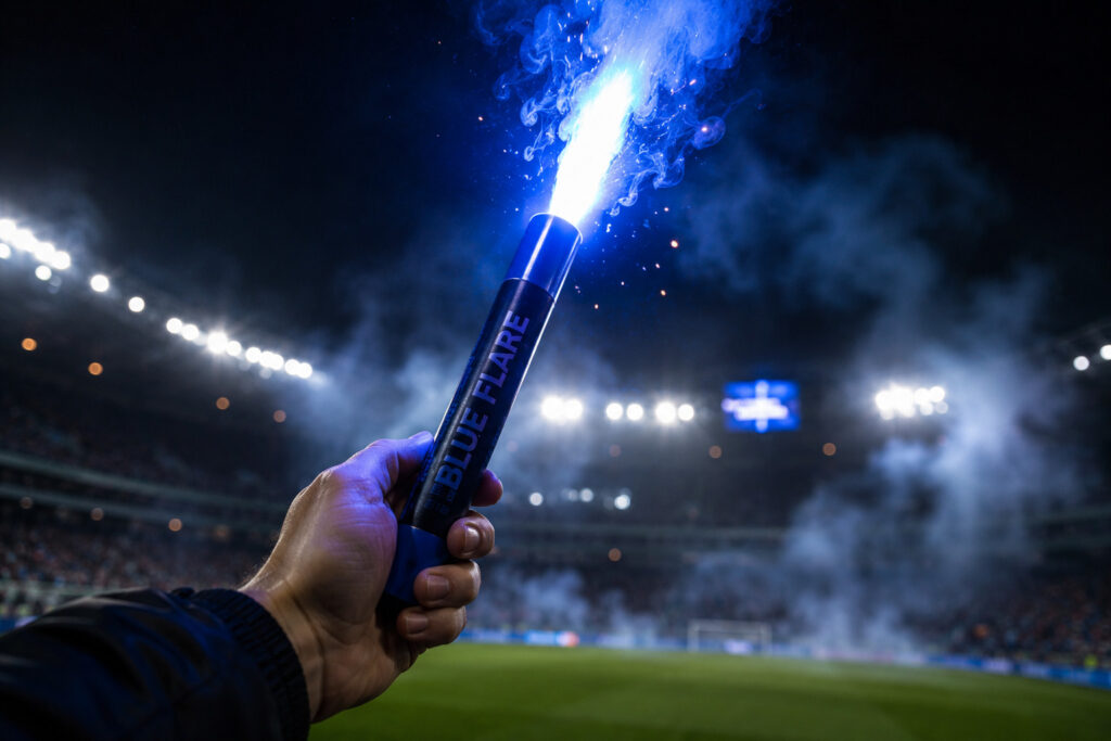 Niebieska flara stadionowa trzymana w dłoni podczas nocnej oprawy na stadionie