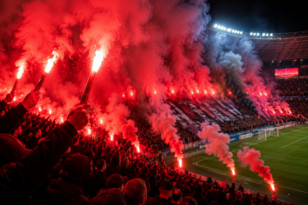 Race stadionowe i świece dymne podczas oprawy kibicowskiej na stadionie piłkarskim