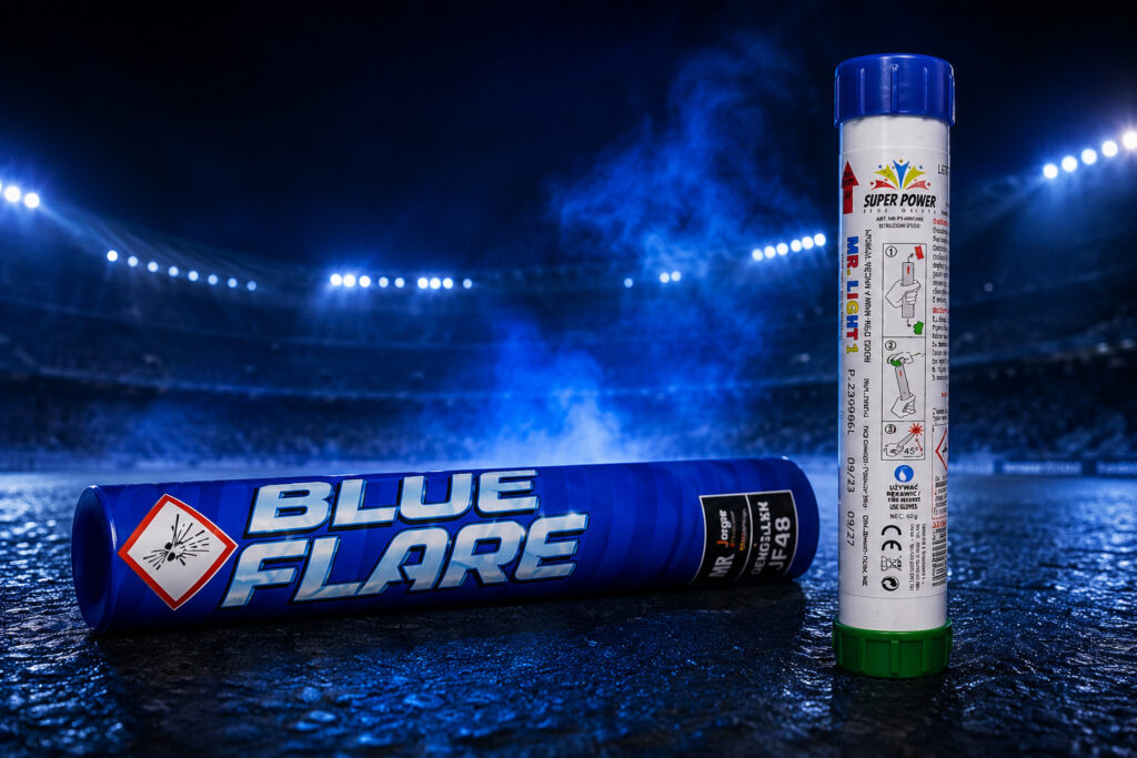 Flary niebieskie Jorge JF48 Blue i Elios MR Light 1 Blue na stadionie nocą